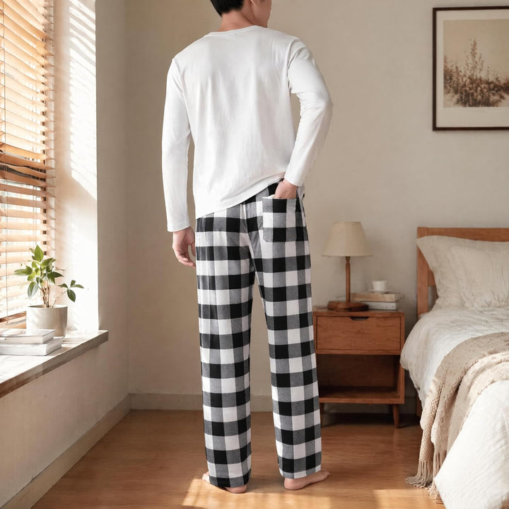 JTPW Herren 100% Baumwolle Flanell Bequeme Pyjama/Lounge Bottoms mit Taschen L Black White Check, L