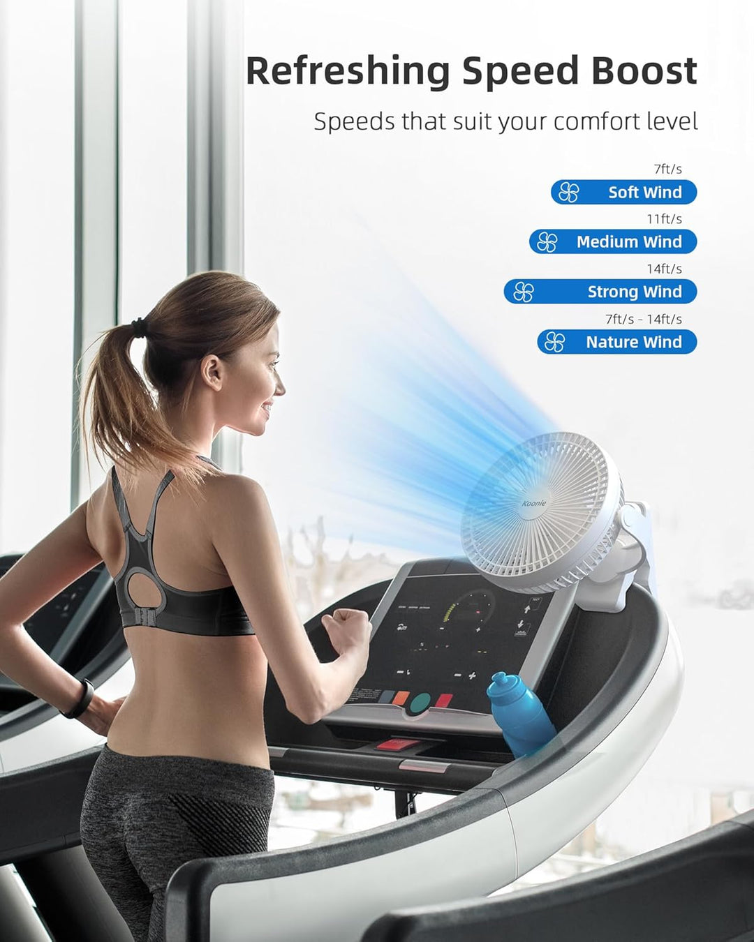 Koonie 20cm Tragbarer Clip-On-Ventilator, USB-Tischventilator mit 10.000 mAh Akku, 4 Geschwindigkeit