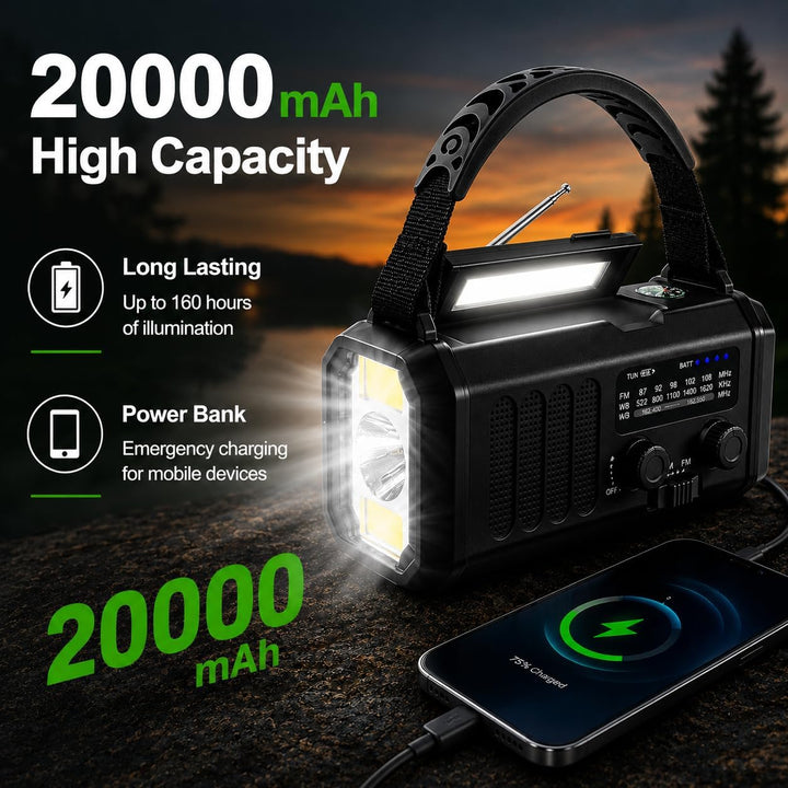Tragbares Notfallradio 20000 mAh, SOS-Alarm, FM/AM-Radio mit Leselampe, Kompass, Kurbelgenerator und