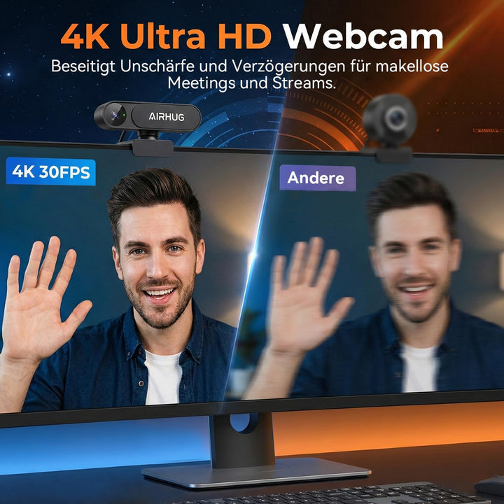 AIRHUG 4K UHD USB Webcam ohne Mikrofon, Datenschutzkappe für sichere Meetings- 16MP Sony Sensor, PDA