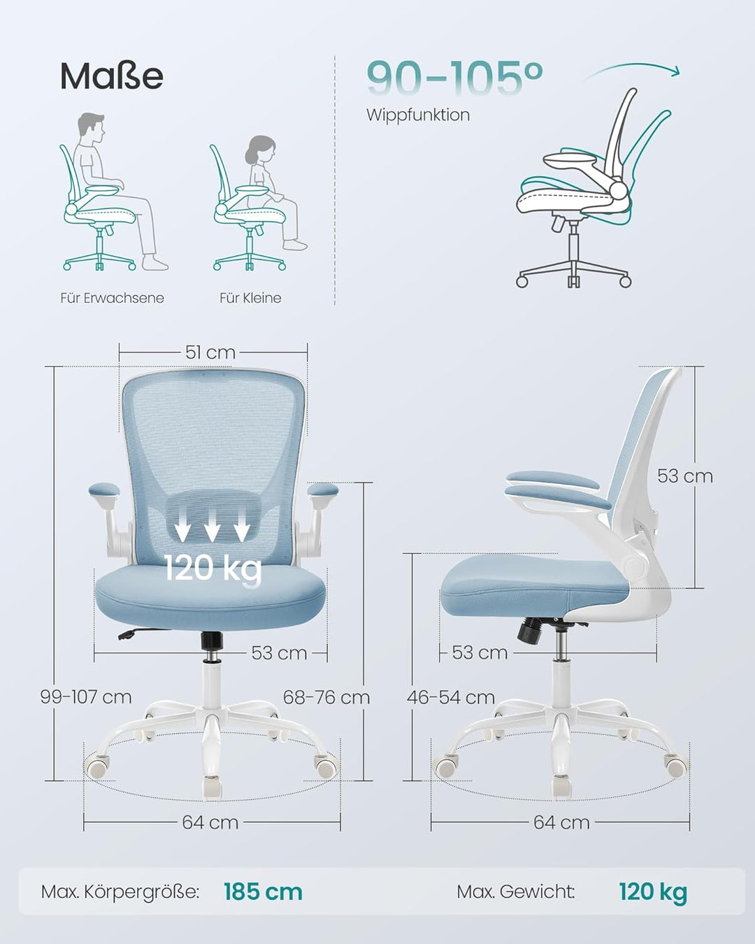 SONGMICS Bürostuhl, Schreibtischstuhl, Drehstuhl mit Netzbespannung, ergonomisch, gepolsterte Lenden