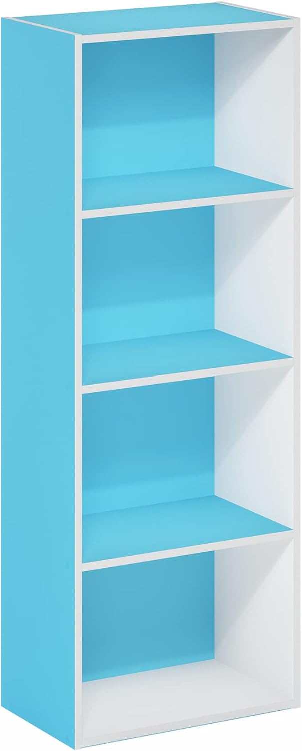 Furinno Luder Bücherregal mit 4 Ebenen, Holzwerkstoff, Weiss/Hellblau, 23.7(D) x 39.5(W) x 105.9(H)