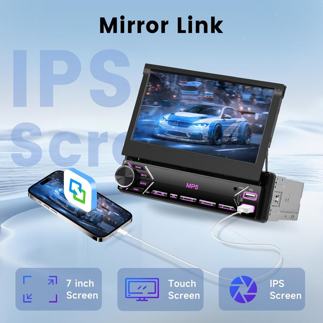 Hodozzy Autoradio 1 Din mit 7 Zoll Touchscreen, Ausklappbarem Bildschirm, Bluetooth und Mirrorlink,