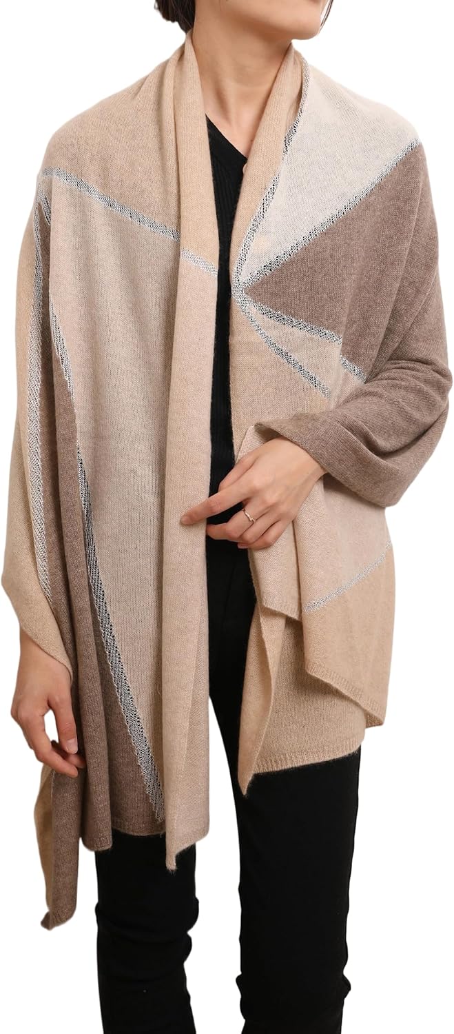 100% Kaschmir Stola Schal gestrickt mit Farbkontrast und schimmernder Fadern 185 cm X 70 cm 1. Creme