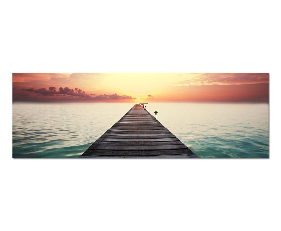 Paul Sinus Art Panoramabild auf Leinwand und Keilrahmen 150x50cm Meer Strand Steg Wolkenhimmel Abend