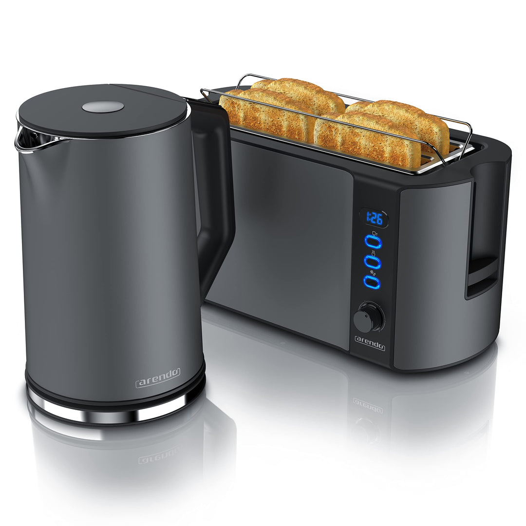 Arendo Wasserkocher und Toaster SET Edelstahl Cool Grey Wasserkocher 1,5L 40° -100° Warmhaltefunktio