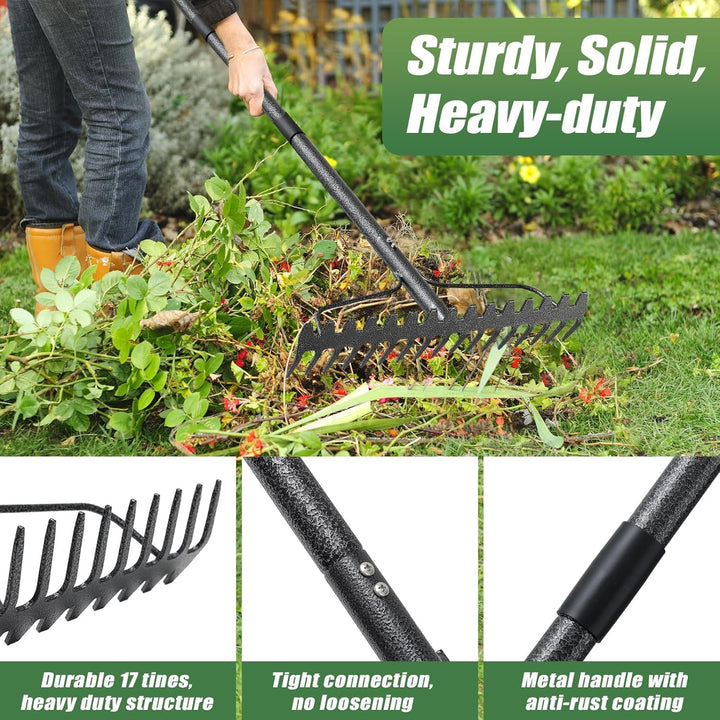 Gartenrechen mit 17 Zinken, Grossflächen Laubrechen mit breitem Kopf, Gartenharke Metall Schwerlast