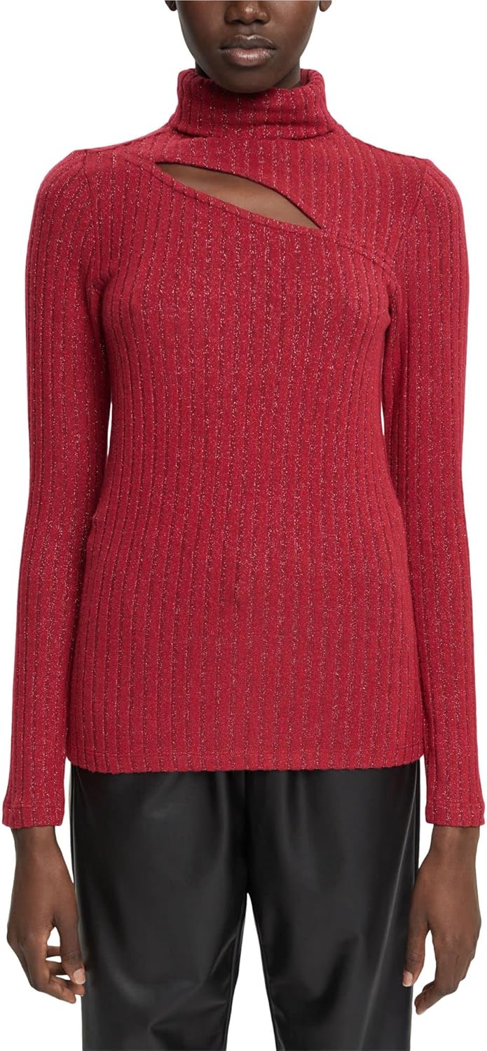 ESPRIT Pullover mit Rollkragen, Glitzer-Effekt und Cut-Out-Detail S 615/Cherry Red, S 615/Cherry Red