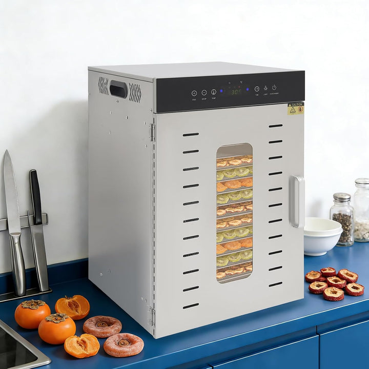 Dörrautomat Edelstahl Dehydrator Dörrautomaten - Flach Liegend &amp; Hängend | mit 16 Tabletts, 40 Haken