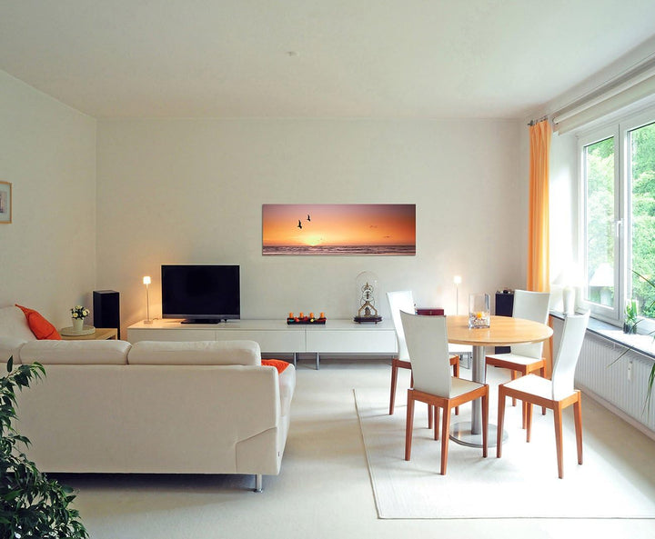 Paul Sinus Art Panoramabild auf Leinwand und Keilrahmen 150x50cm Strand Meer Sonnenuntergang Möwen