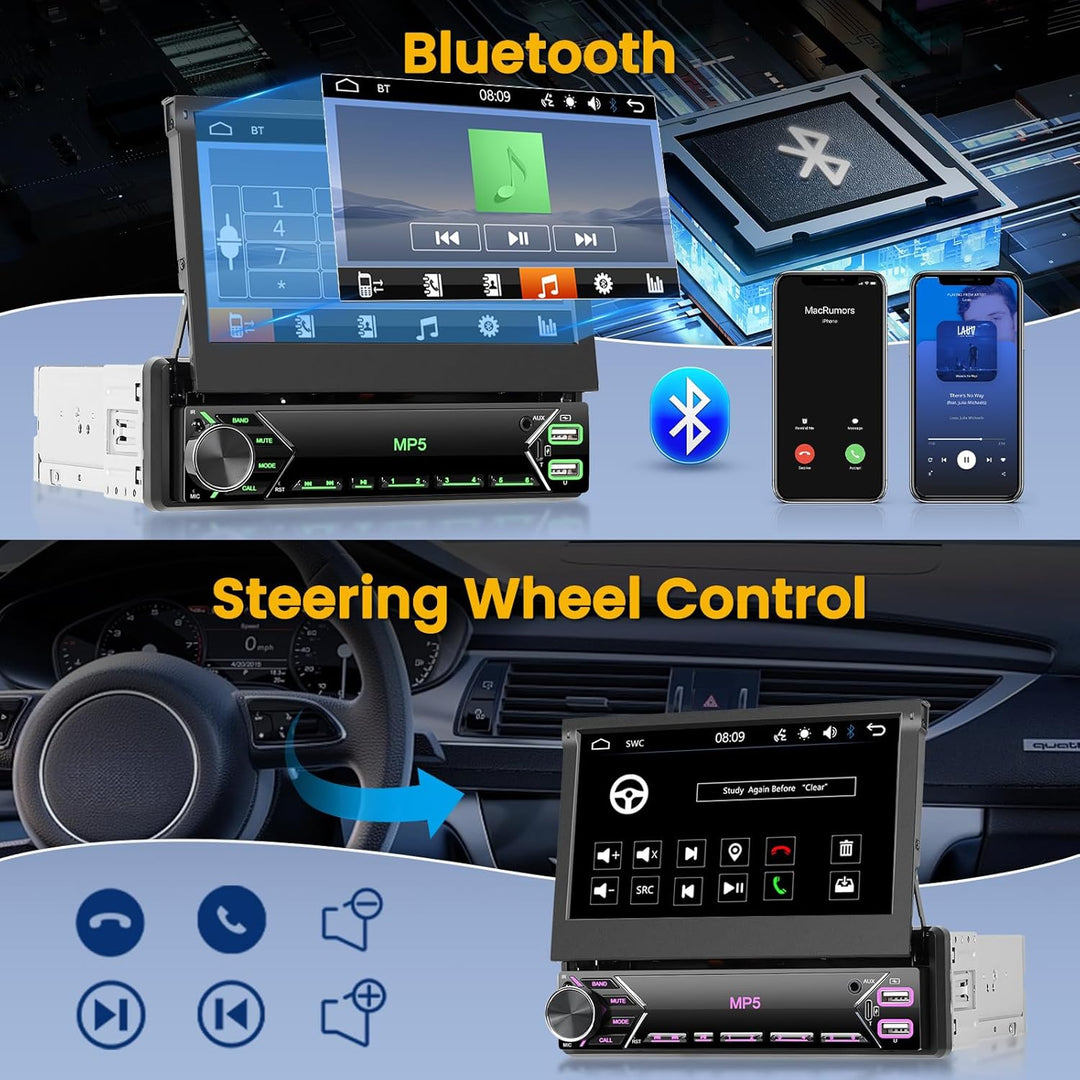 Hikity 1 Din Autoradio mit 7” IPS Manuell Einziehbarer Touchscreen Wired Mirror Link FM Radio mit 2U