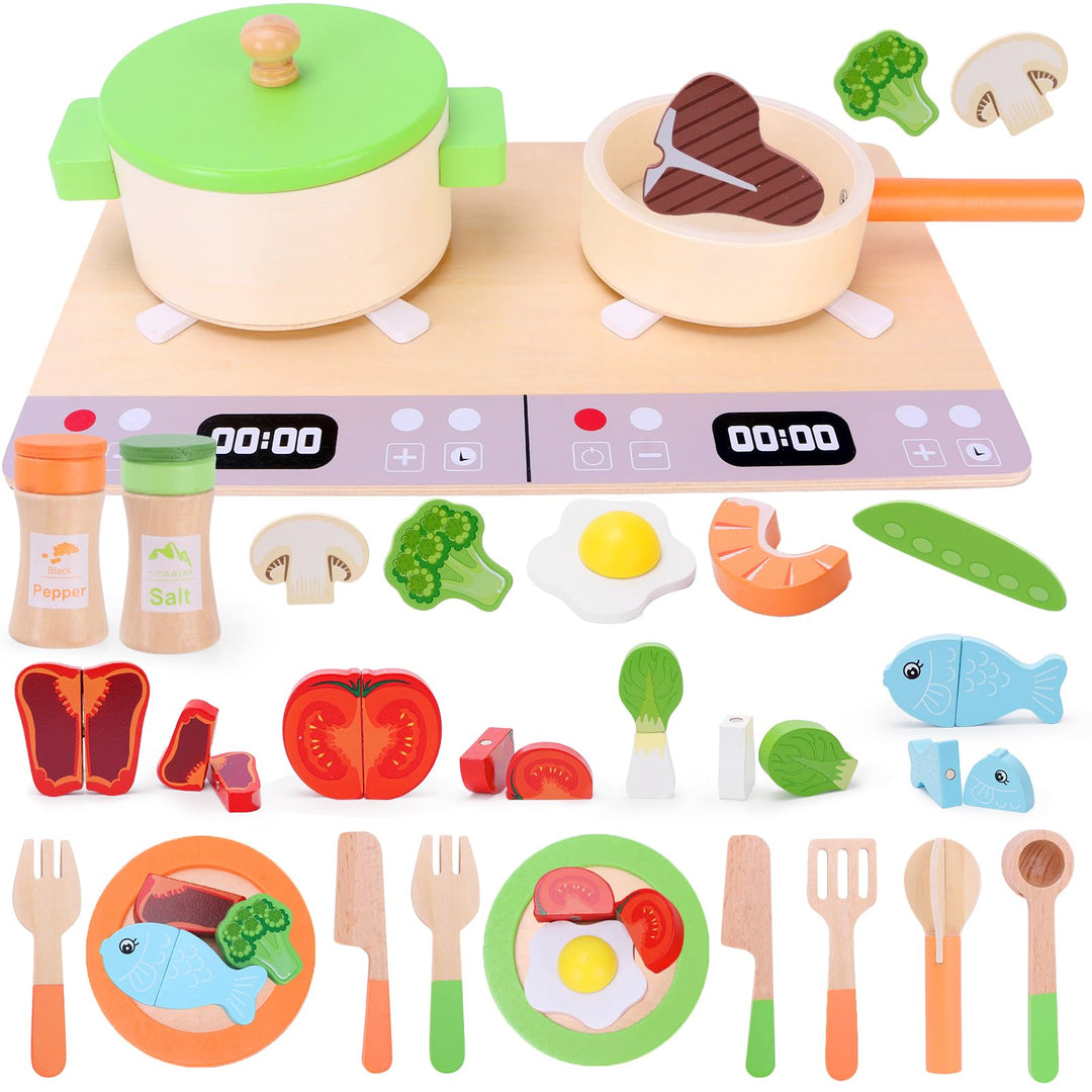 Mardo Kinderküche Zubehör Holz, Spielküche Zubehör 27 PCS Holzspielzeug Inklusive Topfset Küchenspie