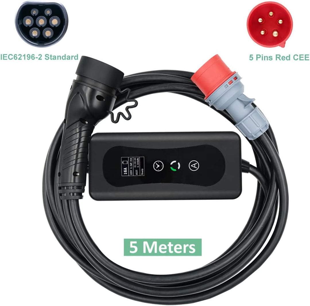 veco chajor EV Ladekabel Typ 2 11 kW 3-Phasen 6-16 A 5 M, EV-Ladegerät Ladekabel CEE auf Typ 2 mit A
