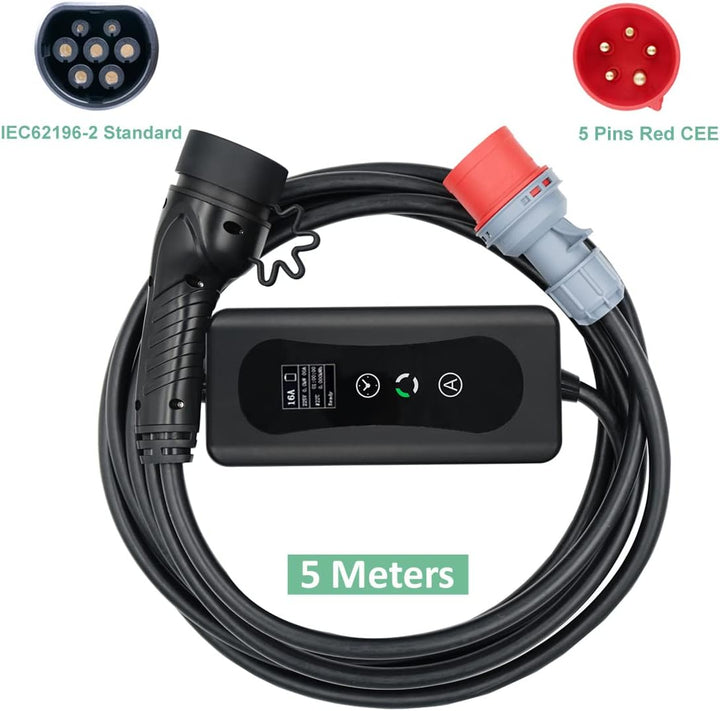 veco chajor EV Ladekabel Typ 2 11 kW 3-Phasen 6-16 A 5 M, EV-Ladegerät Ladekabel CEE auf Typ 2 mit A