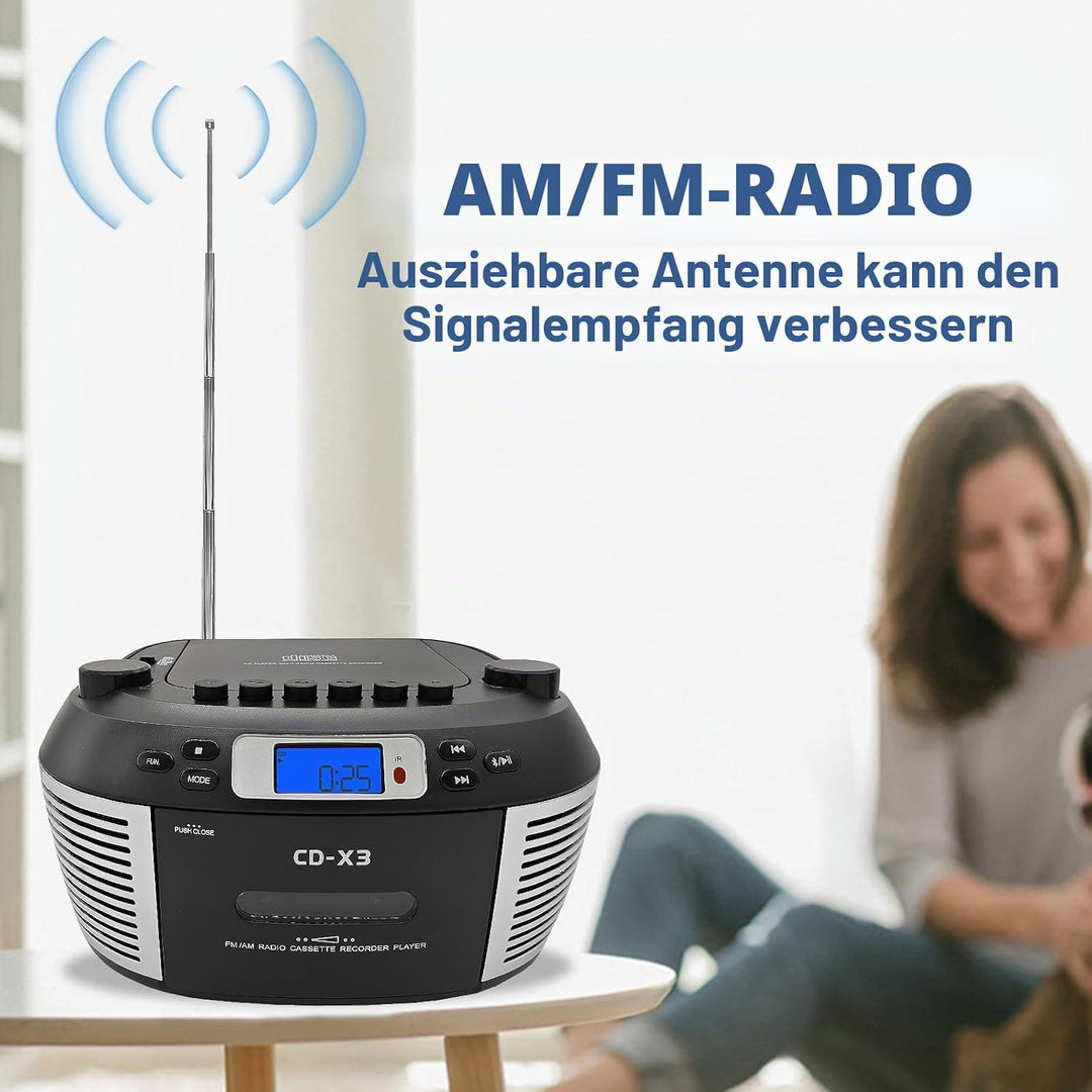 Tragbarer CD- &amp; Kassettenplayer mit Fernbedienung – Inklusive FM/AM-Radio, USB-Wiedergabe, Bluetooth