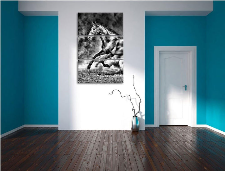 Pixxprint Dark Schwarzer Hengst als Leinwandbild/Grösse: 3 Teilig (120x80) cm/Wandbild/Kunstdruck/fe