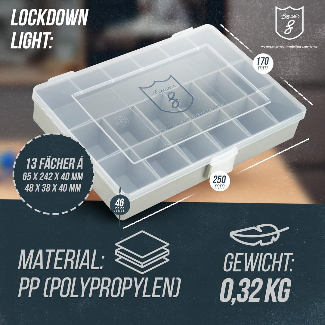 Lockdown Light Sortierbox – Organizer für Modellbau & Werkstatt | 13 Fächer, stapelbar, robust & che