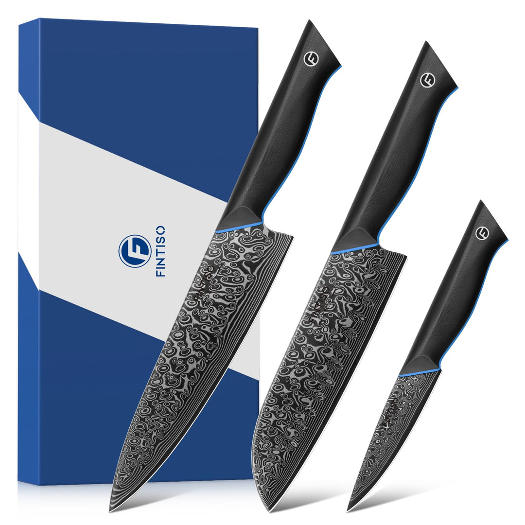 FINTISO Damastmesser Set 3 teilig, Küchenmesser Set aus 67 Lagen Japanischer Damaststahl, Kochmesser