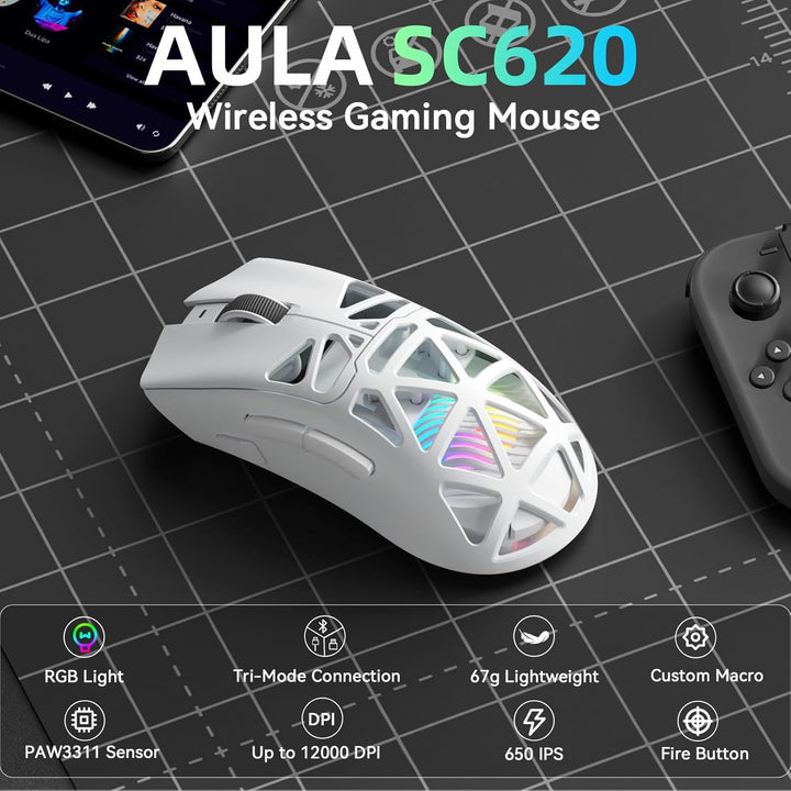 AULA SC620 Kabellose Gaming Maus,BT5.0/2.4G/USB-C,mit PixArt PAW3311-Sensor,12000DPI,8KHz,Feuertaste