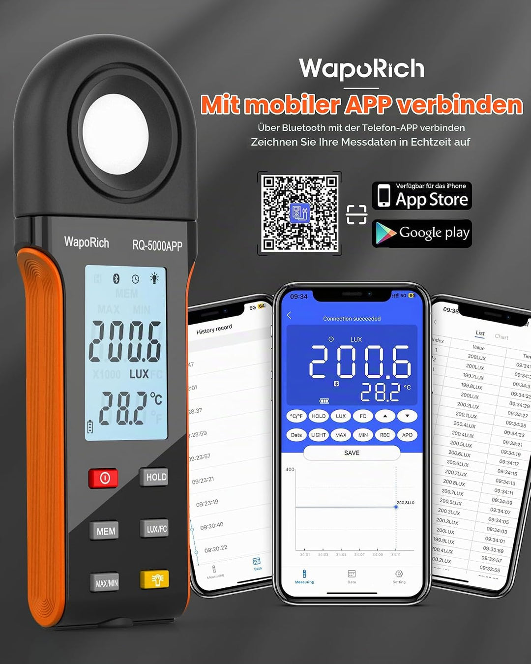 Luxmeter Bluetooth Lichtmessgerät, WapoRich Digital Light Meter Belichtungsmesser Misst 1~400,000Lux