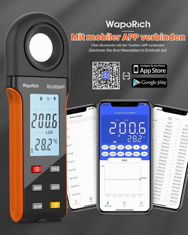 Luxmeter Bluetooth Lichtmessgerät, WapoRich Digital Light Meter Belichtungsmesser Misst 1~400,000Lux