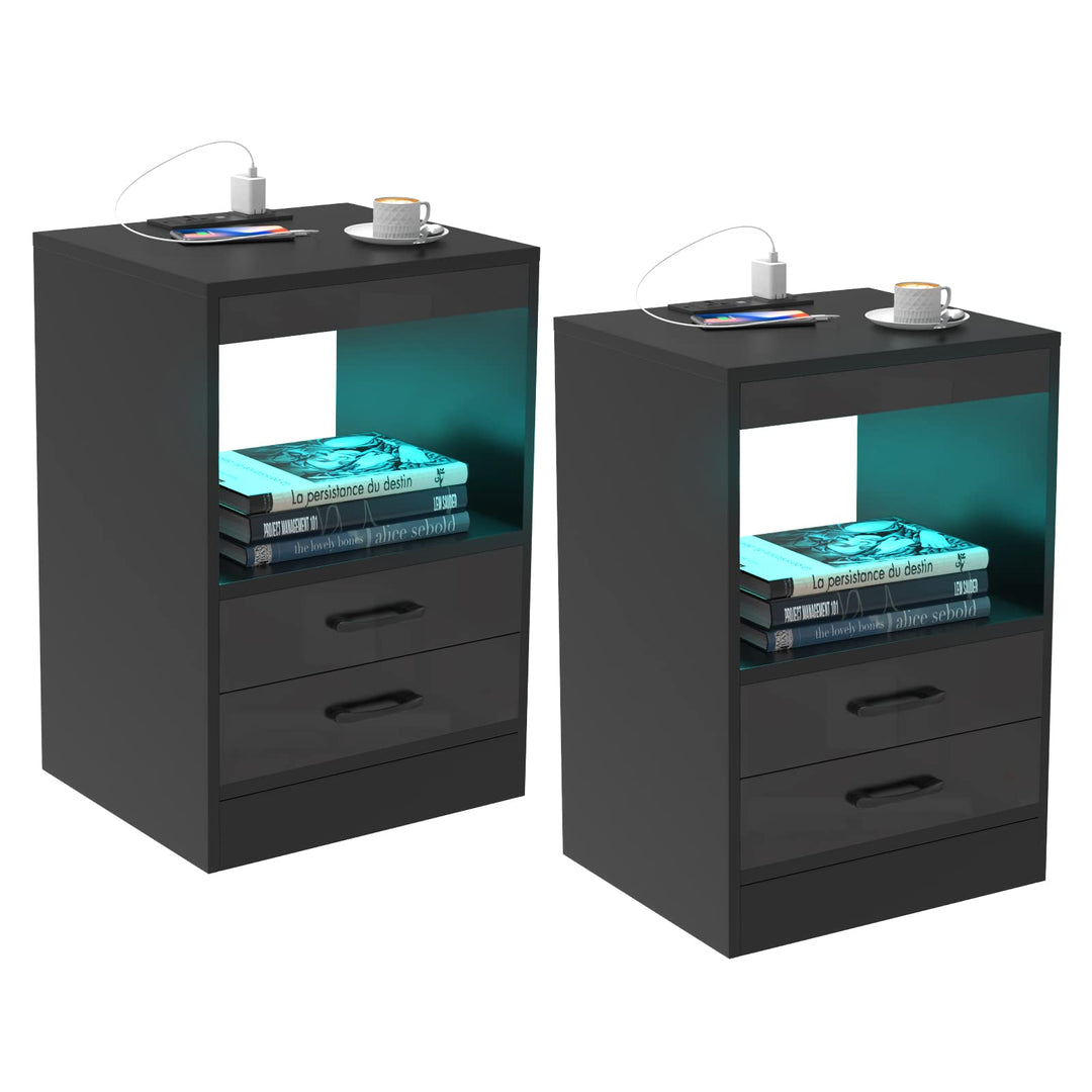 Lvhecforhm 2er Set Nachttisch, mit Steckdosen und USB-Anschlüsse, LED Licht 16Farben Beleuchtung, Sc