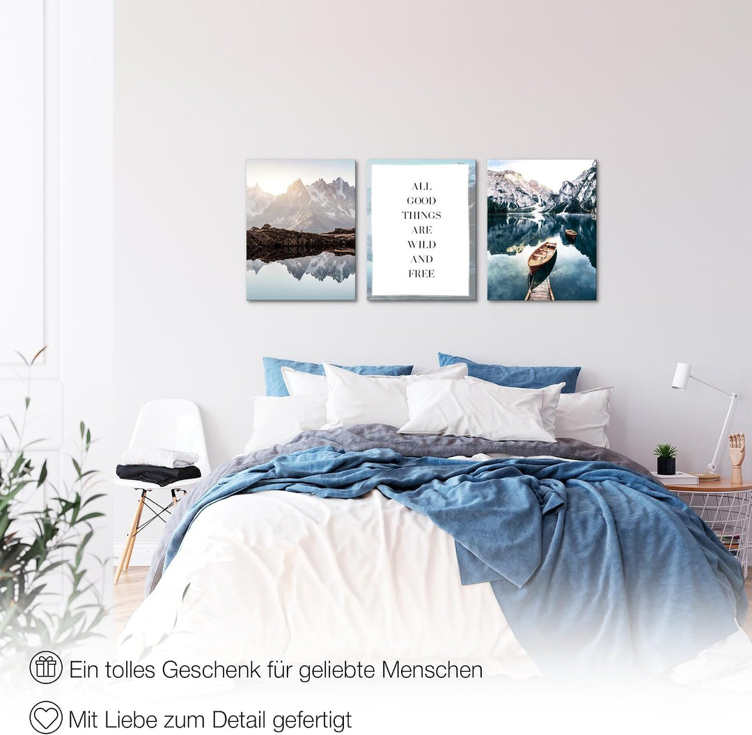 Novart Bilder Set Berge und See - Kein Extra Rahmen benötigt - Wandbilder für Wohnzimmer Schlafzimme