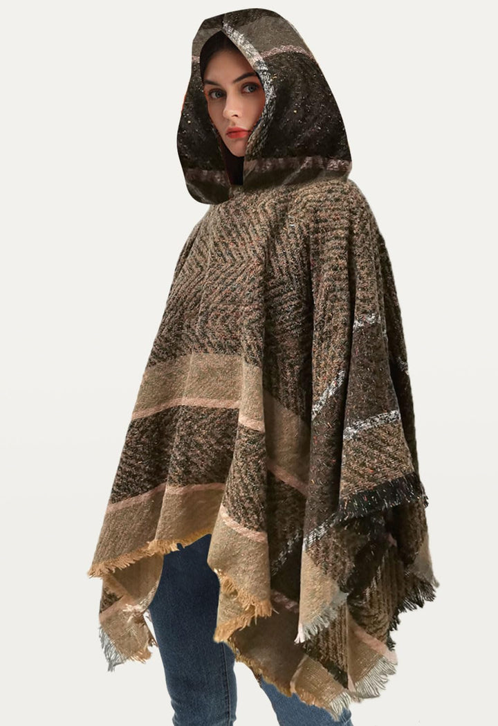 JFAN Poncho Damen mit Kapuze Warm Pullover Gestrickter Schal Elegantes Strickcape Strick Ponchos Cap