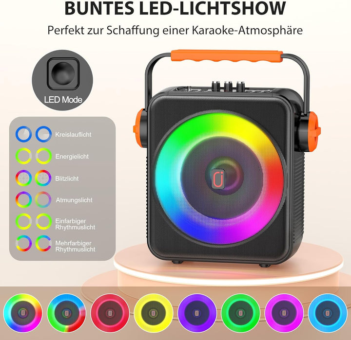 Karaoke Maschine mit 2 drahtlosen Mikrofones, Tragbaren Bluetooth 5.3 Karaoke Anlage Lautsprecher mi