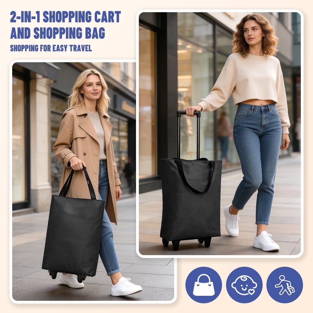 Einkaufstrolley Klappbar 30L, 2-in-1 Einkaufswagen Modern mit Tasche, Leichter Shopping Trolley bis