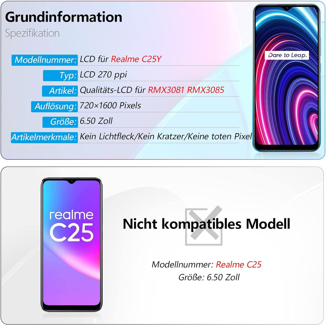 RongZy Display für Realme C25Y RMX3265 LCD Bildschirmersatz Digitizer Touchscreen Montiert Ersatz mi