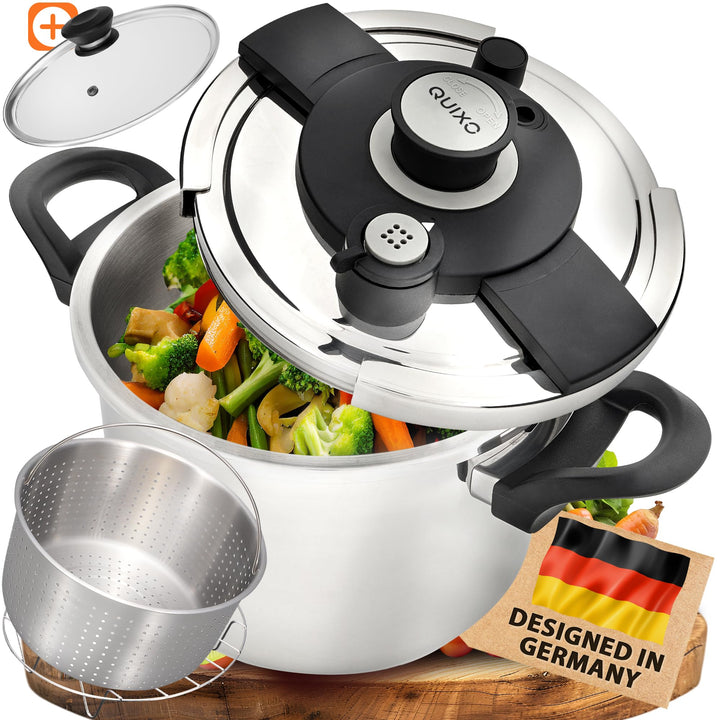 QUIXO Schnellkochtopf 6L VitaSmart mit Garkorb + Glasdeckel + Kochzeitsignal für alle Herdarten [NEU