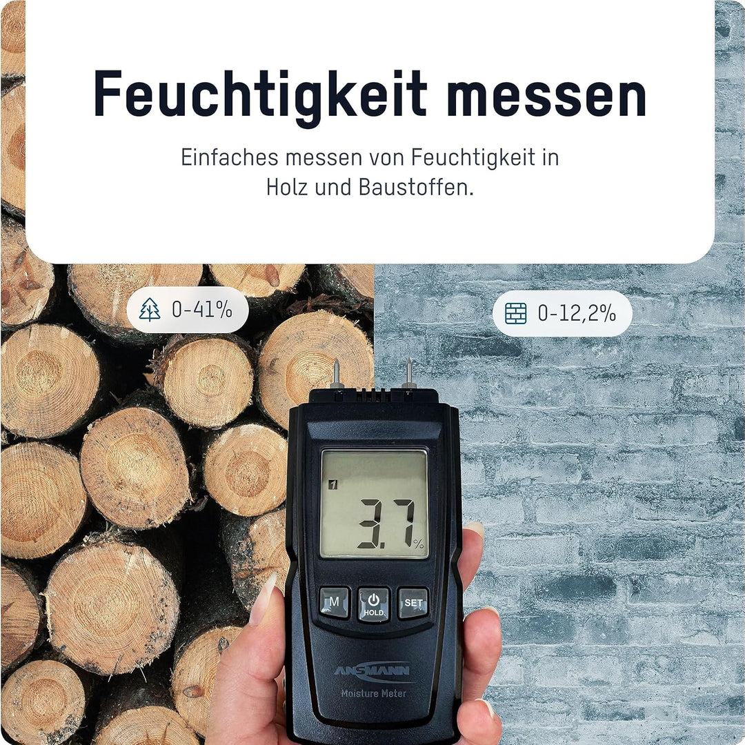 ANSMANN Feuchtigkeitsmessgerät mit grossem LCD-Display, einfache Auswahl von 4 Holzgruppen oder 4 Ba