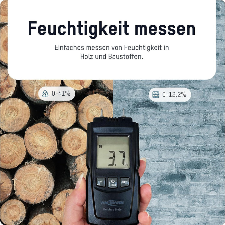 ANSMANN Feuchtigkeitsmessgerät mit grossem LCD-Display, einfache Auswahl von 4 Holzgruppen oder 4 Ba