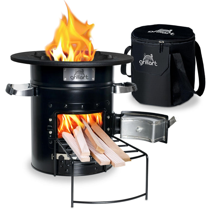 grillart® Raketenofen Outdoor “Powertrain” (mit Tragetasche) schwarz – effizienter Holzofen als Camp