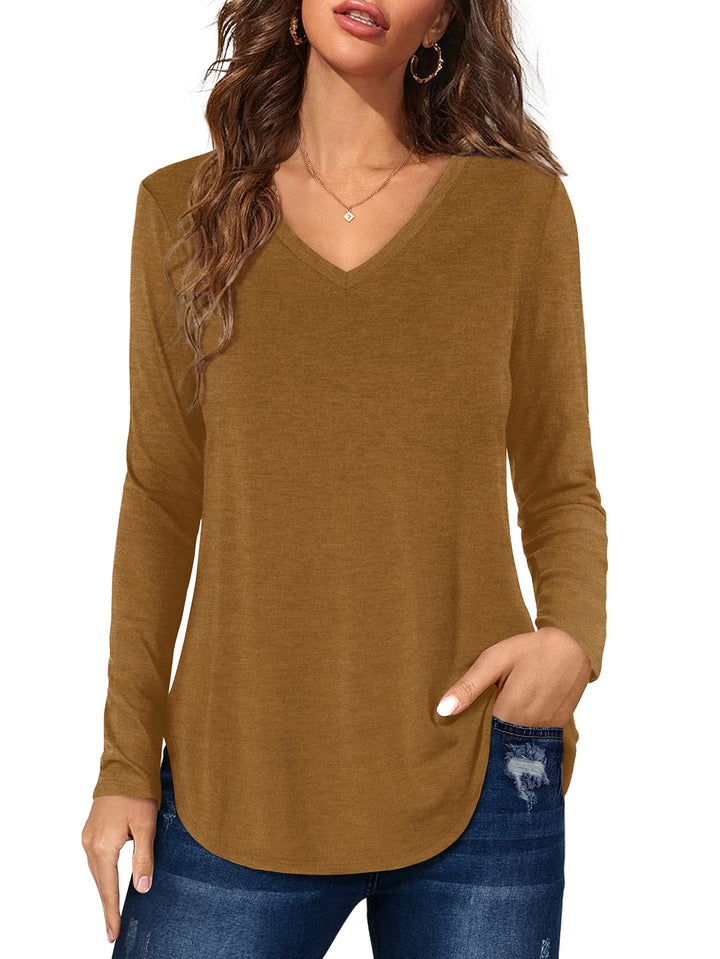Florboom Tunika Damen Langarm/Kurzarm V Ausschnitt Oberteil Shirts Basic Casual Longshirt S A-braun,