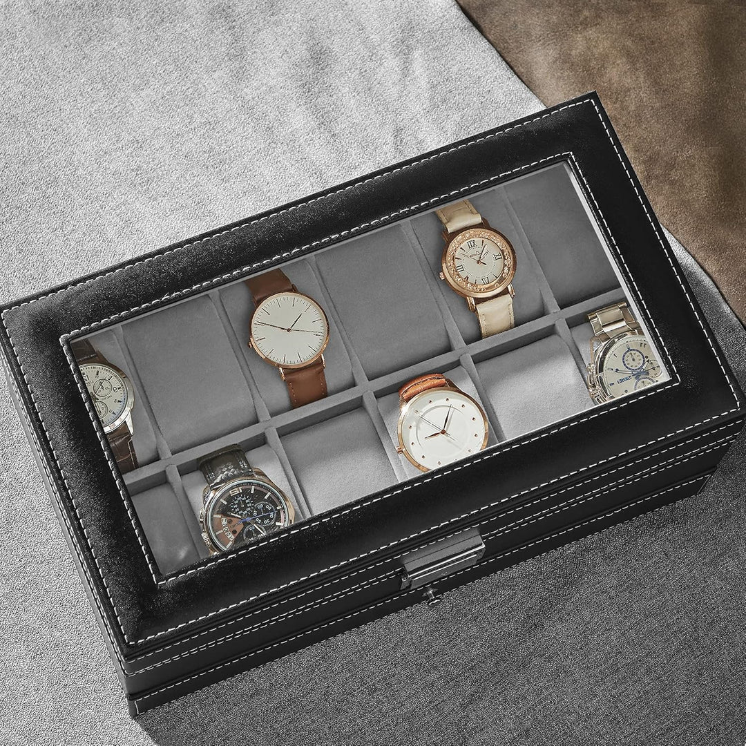 SONGMICS Uhrenbox, Uhrenkoffer, Glasdeckel, 2-stöckige Schatulle, 12 Uhren, abschliessbar, 1 Schubla