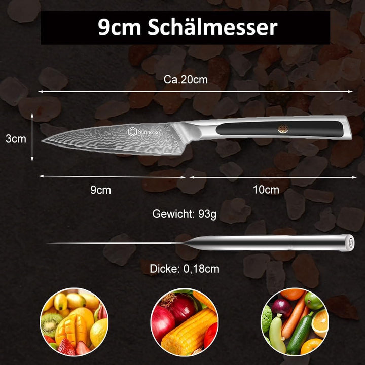 Sunnecko Obstmesser Gemüsemesser Spickmesser 3,5 Zoll, mit 67-Schichten Damaststahl VG-10 Klinge Kle
