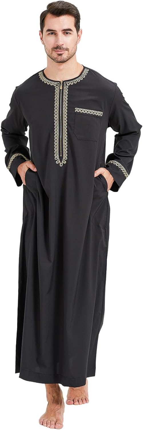 Kaftan Herren Gebetskleidung für Männer Islam Schwarz Abaya Herren Langarm Arabische Kleidung Herren