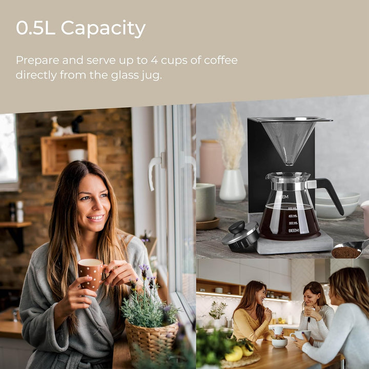 BEEM POUR OVER Kaffeebereiter Set - 4 Tassen | Edelstahl-Permanentfilter (Grösse 2), 0,5 l Glaskanne