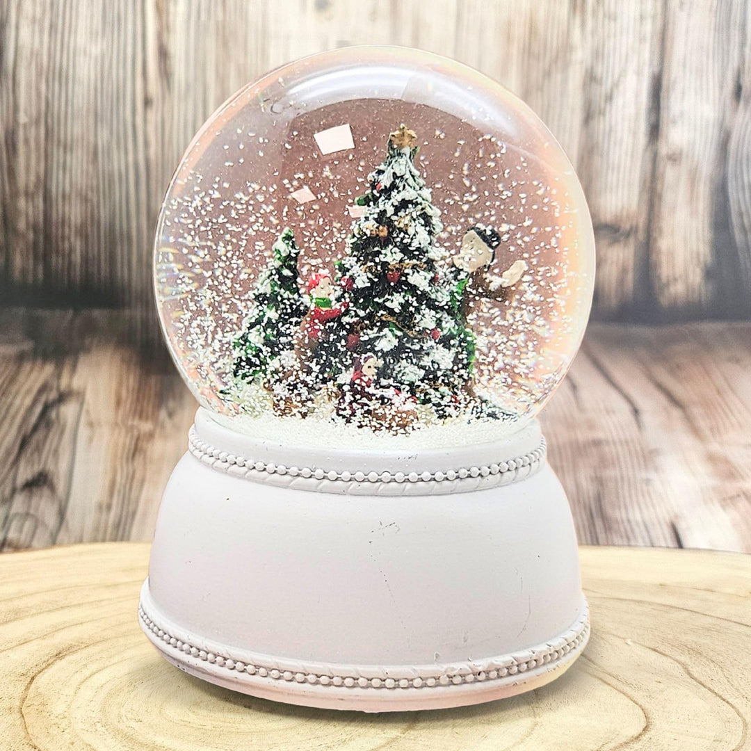 Schneekugel Weihnachten Christbaum schmücken | Sockel weiss nostalgisch | mit Spieluhr | Schüttelkug