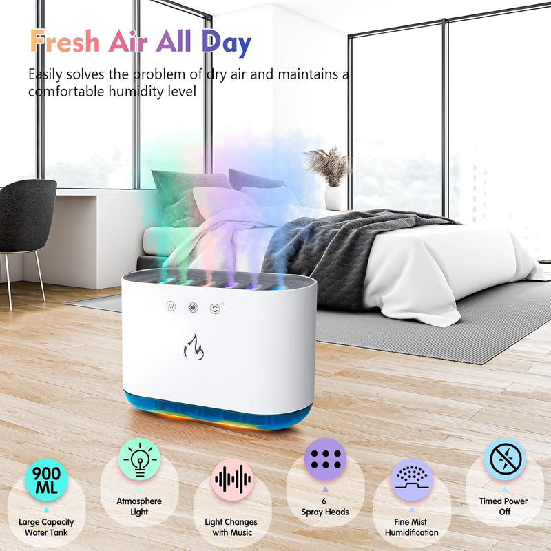 AiQInu Luftbefeuchter 900ML, Dynamischer Pick-up Humidifier Schlafzimmer mit 6 Düsen und 7 Farben LE