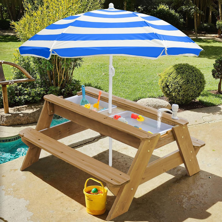 Kids 3-in-1 Sand- und Wasser-Aktivitätstisch, Holz, Outdoor, wandelbarer Picknicktisch mit Regenschi