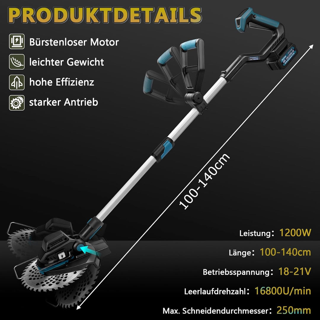 7-in-1 Akku-Rasentrimmer für Makita-Akkus mit 2 Akkus&amp;Ladegerät | 1200W Freischneider mit Unkrautbür