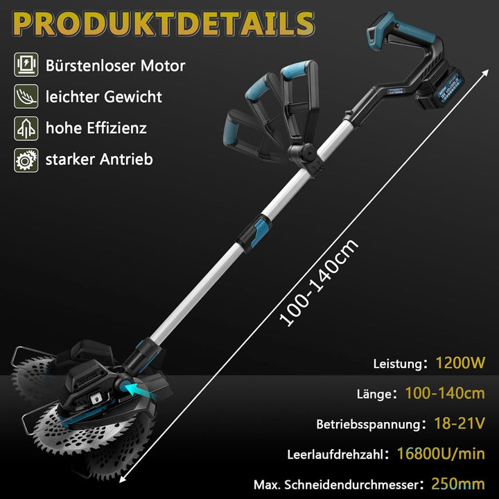 7-in-1 Akku-Rasentrimmer für Makita-Akkus mit 2 Akkus&amp;Ladegerät | 1200W Freischneider mit Unkrautbür