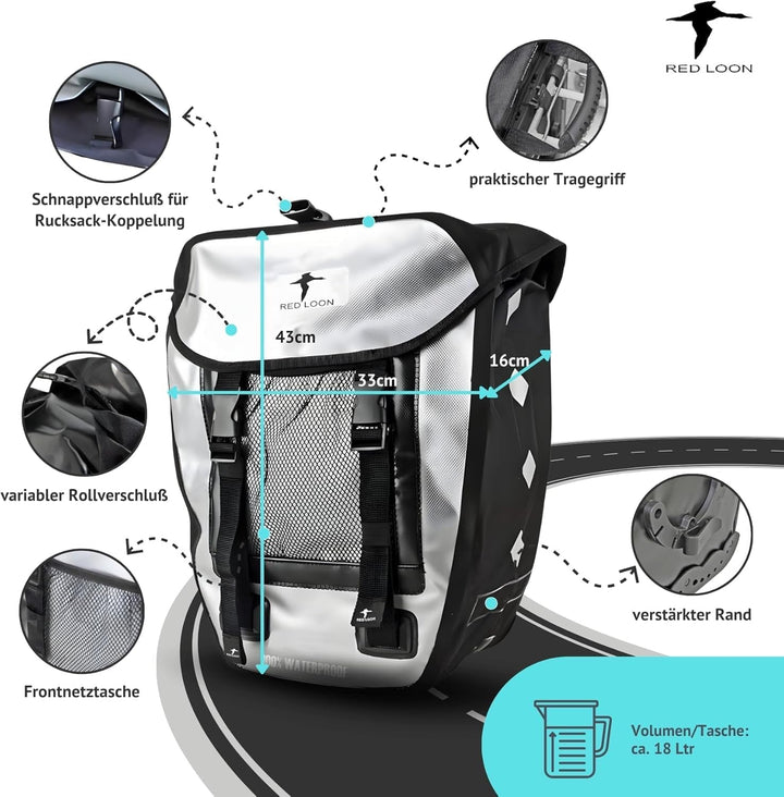 Red Loon 3er Set 2 x robuste Fahrradtasche aus LKW-Plane 1 x Fahrrad-Rucksack – wasserdichte Doppelp