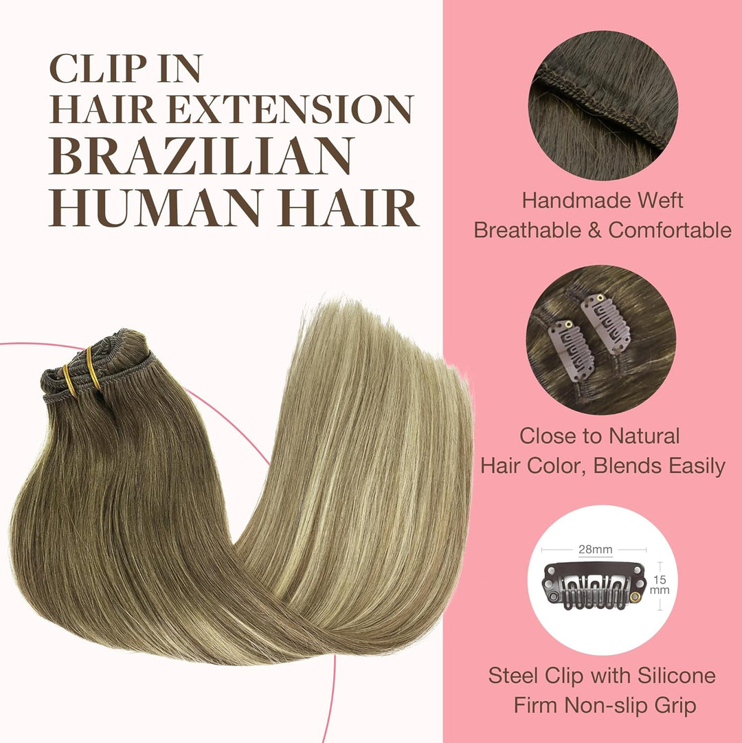 GOO GOO Clip in Extensions Echthaar, Echthaar Extensions Clip, 30cm 85g 7pcs, Clip In Haarverlängeru