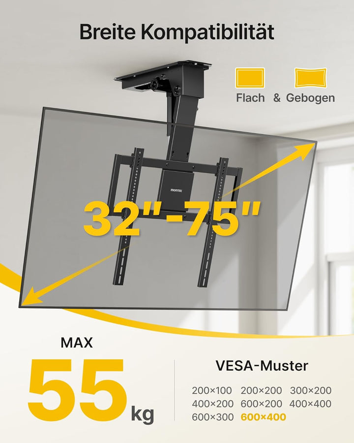 monTEK Motorisierte TV Deckenhalterung von 32-75 Zoll bis zu 55 kg, Klapp Deckenhalterung für Flache
