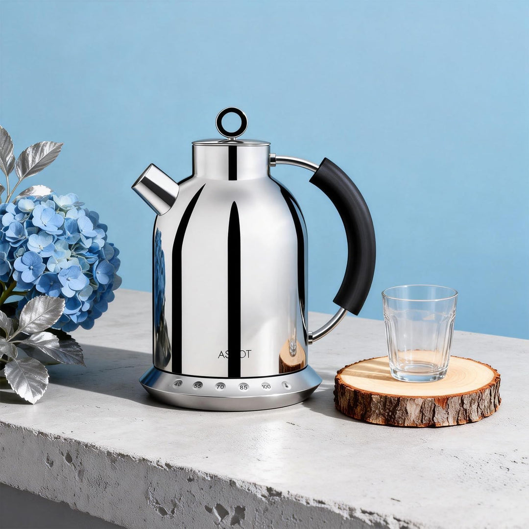 ASCOT Wasserkocher Edelstahl mit 5 variablen Voreinstellungen, Elektrischer Teekessel Kaffee Wasserk