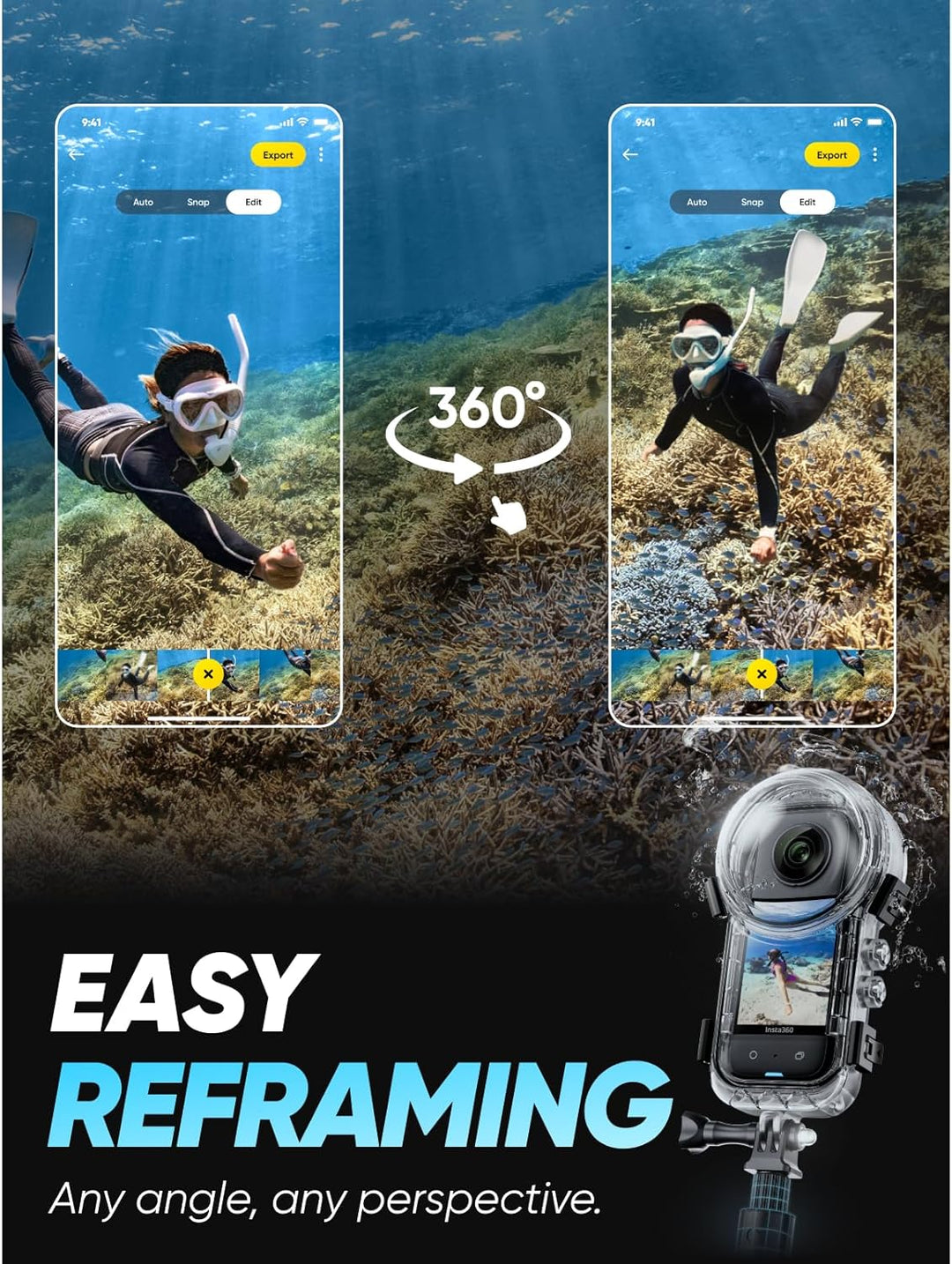 Insta360 X3 Unsichtbares Tauch-Bundle - Wasserdichte 360°Actionkamera mit 1/2"-Sensor, 5,7K 360°, 72